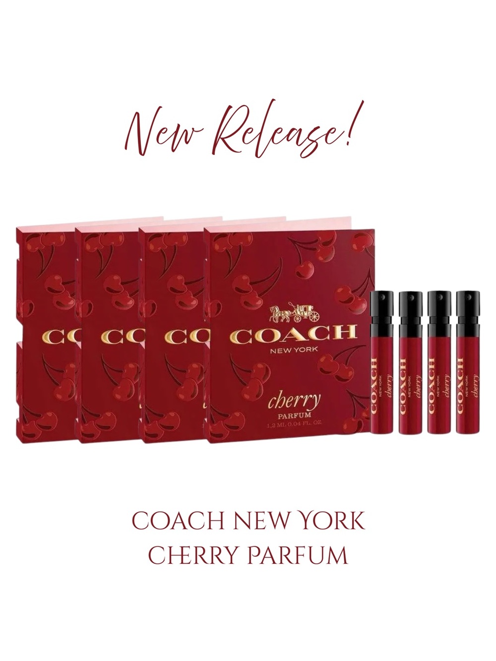 COACH NEW YORK Cherry Parfum Samples (4) .04 fl oz ea. NEW ON CARD
